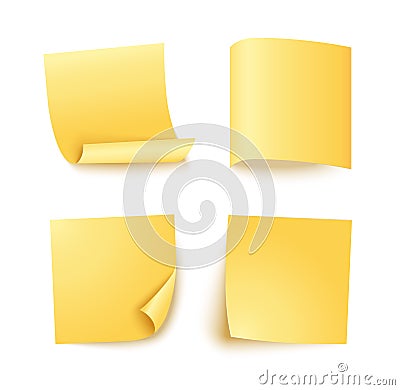 Note sheet of yellow paper set with different shadow. Blank post for message, to do list, memory. Set of four vector Vector Illustration