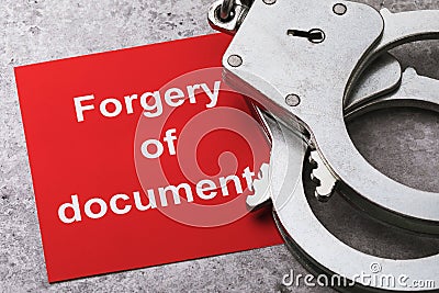 A note with text and handcuffs on the table, a major plan. Concept on the punishment of forgery of documents Stock Photo