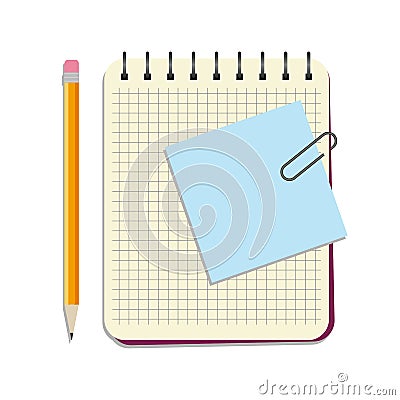 Notebook with blue notice paper and yellow pencil Vector Illustration