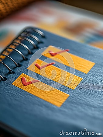 A notebook with a checklist and red checkmarks. Stock Photo