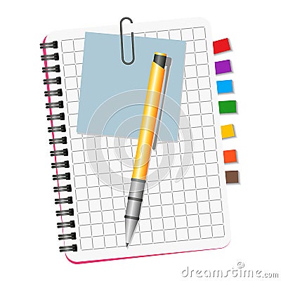 Notebook with colored bookmarks, blue notice and yellow pen Vector Illustration