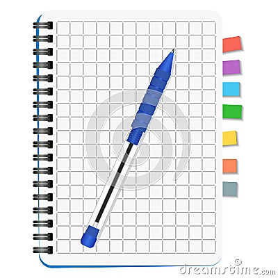 Notebook with colored bookmarks and blue pen Vector Illustration