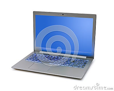 Notebook computer with blue keyboard backlight Stock Photo