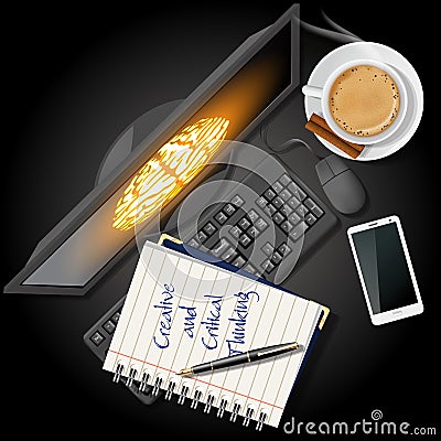Notebook and computer with mobile phone and coffee Vector Illustration