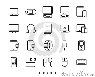 Notebook, computer, tablet and smartphone device line icon set Vector Illustration