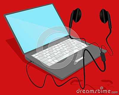 Notebook connected with earphone Vector Illustration