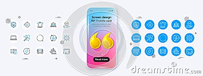 Notebook, Court building and Reminder line icons. For web app, printing. Phone mockup with 3d quotation icon. Vector Vector Illustration