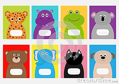 Notebook cover Cat, dog, jaguar, hippopotamus, elephant, bear, frog, koala. Zoo animal face Cute cartoon character set Baby childr Vector Illustration