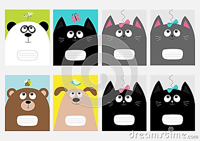 Notebook cover Composition book template. Baby cat, panda, dog, bear kitty head. Bow, butterfly, dragonfly, bee, mosquito. Cute ca Vector Illustration