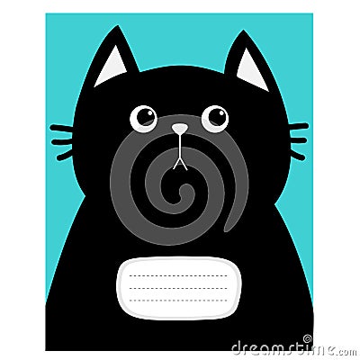 Notebook cover Composition book template. Black cat kitty head. Cute cartoon character. Pet baby collection Card. Flat design. Blu Vector Illustration