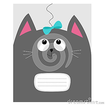 Notebook cover Composition book template. Gray cat kitty head looking at blue bow. Vector Illustration