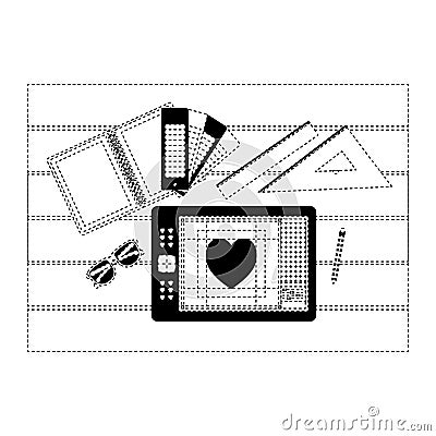 Notebook and ruler tools and tablet digitizer over table on top view in black dotted contour Vector Illustration