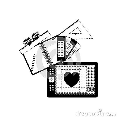 Notebook and design tools and tablet digitizer in black dotted contour Vector Illustration