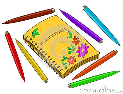 Notebook with flowers and felt-tip pens Vector Illustration