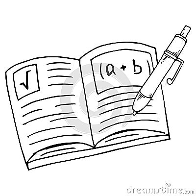 Notebook with formulas. Vector illustration notebook with a pen. Hand drawn notebook in mathematics, algebra. Textbook on mathemat Vector Illustration