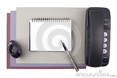 Notebook, fountain pen, ink and phone on textured paper Stock Photo