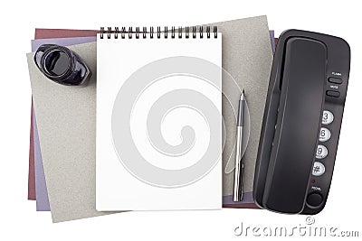 Notebook, fountain pen, ink and Phone on textured paper Stock Photo