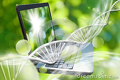 notebook on genetic chain background Stock Photo