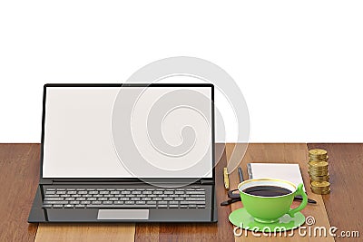 Notebook glasses coffee and gold on wooden desktop.3D illustrat Cartoon Illustration