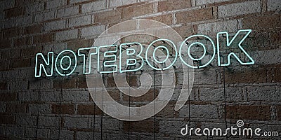 NOTEBOOK - Glowing Neon Sign on stonework wall - 3D rendered royalty free stock illustration Cartoon Illustration