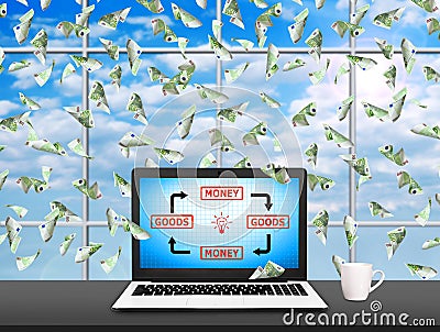 Notebook with goods and money diagram Stock Photo