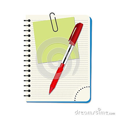 Notebook with green notice paper and red pen Vector Illustration