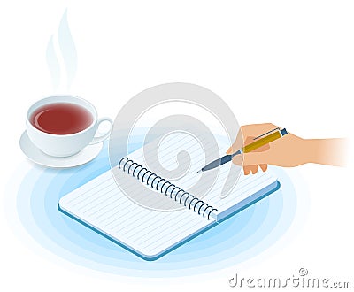 The notebook, hand with pen, cup of tea. Flat isometric illustration Vector Illustration