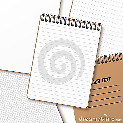 A notebook with a horizontal spring coil lies on top of another notebook. Notepad with a lined white sheet. Vector illustration Cartoon Illustration