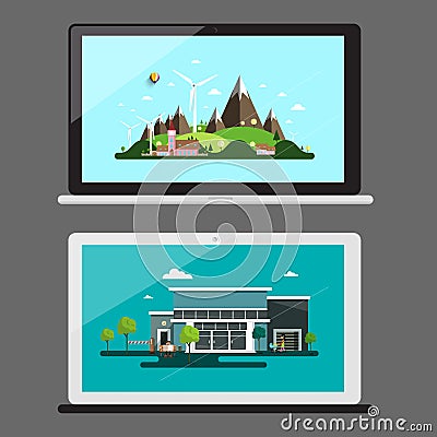 Notebook Icons. Notebooks with Landscapes Vector Illustration