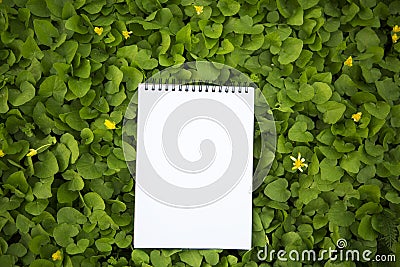 The notebook lies in the greenery. Closeup. Stock Photo