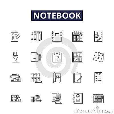 Notebook line vector icons and signs. Journal, Notepad, Spiral, Diary, Agenda, Binder, Record, Register outline vector Vector Illustration