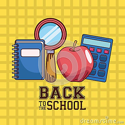 Notebook lupe apple and calculator on checkered background of back to school vector design Vector Illustration