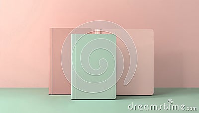 Notebook mock-up isolated. Pink background. Flat-lay mint notepad cover closeup. Journal diary. Blank template paper notebook Stock Photo