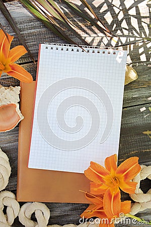 Notebook mock up with lily flowers, outdoor summer photo Stock Photo