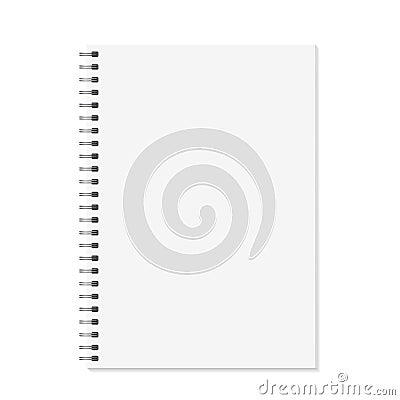 Notebook mock up. Open book with metal spiral template. Isolated on white background. A4 bound pages. Vector Vector Illustration