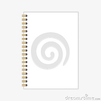 Notebook mockup with gold spiral. Wire bound blank paper note book template. Vertical A4 sheets with gold spiral binding Vector Illustration