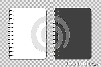 Notebook mockup with spiral. Black and white notepad. Blank diary with cover for note. Template of A5 organizer with paper and Vector Illustration