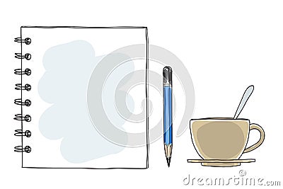 Notebook note paper coffee cup and pencil hand drawn vector art Vector Illustration