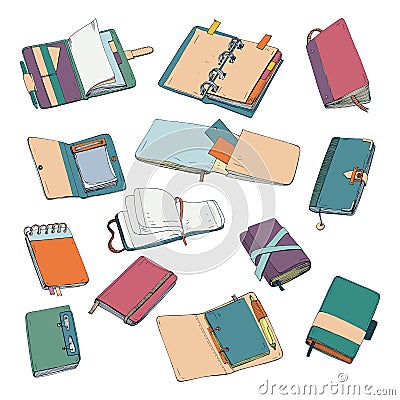 Notebook, notepad, planner, organizer, sketchbook hand drawn set. Collection of colorful illustrations. Vector Illustration