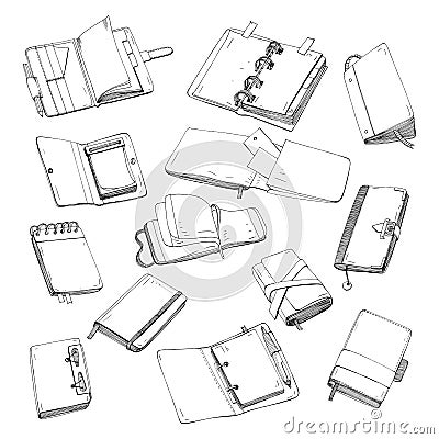 Notebook, notepad, planner, organizer, sketchbook hand drawn set. Collection of contour illustrations. Vector Illustration