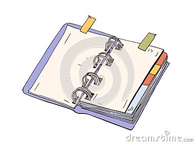 Notebook, open notepad with blank pages, spiral binding. Organizer, planner, diary with adhesive bookmarks, deviders and Vector Illustration