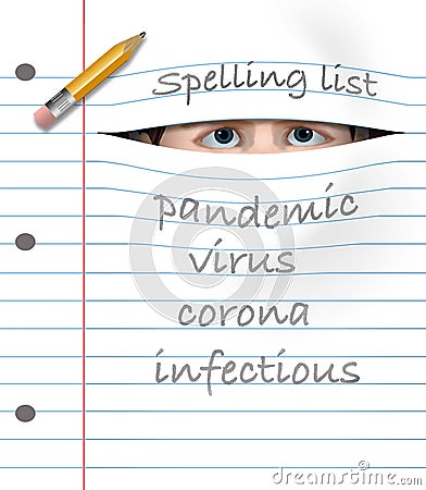 A notebook page with her spelling list for the week that has word to learn: pandemic, corona, infectious and virus Stock Photo