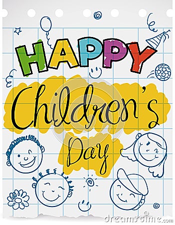 Notebook Paper with Doodles to Celebrate Children`s Day, Vector Illustration Vector Illustration