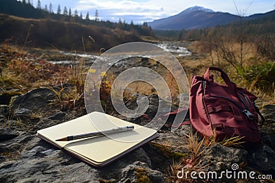 notebook and pen for documenting the hiking journey Stock Photo