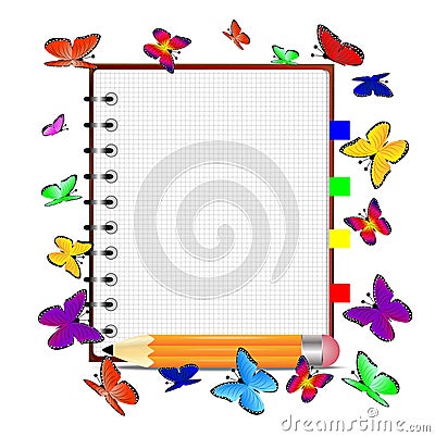 Notebook, pencil and butterfly Vector Illustration