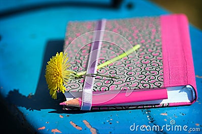 Notebook,pencil and flower Stock Photo