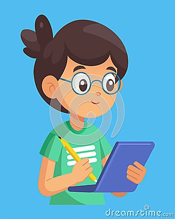 With notebook and pencil in hand a child takes notes during a lecture at coding camp absorbing as much information as Vector Illustration