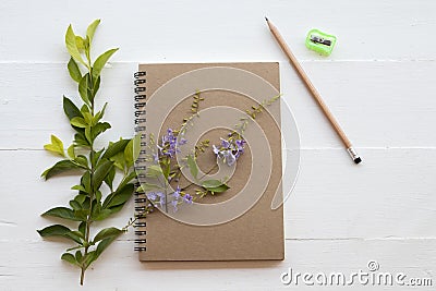 Notebook planner with pencil arrangement on white Stock Photo