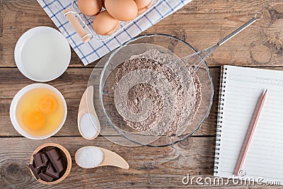 Notebook for recording menu,Ingredients for making cake chocolat Stock Photo