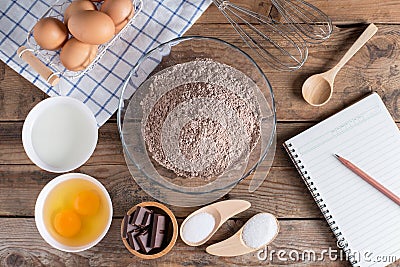 Notebook for recording menu,Ingredients for making cake chocolat Stock Photo